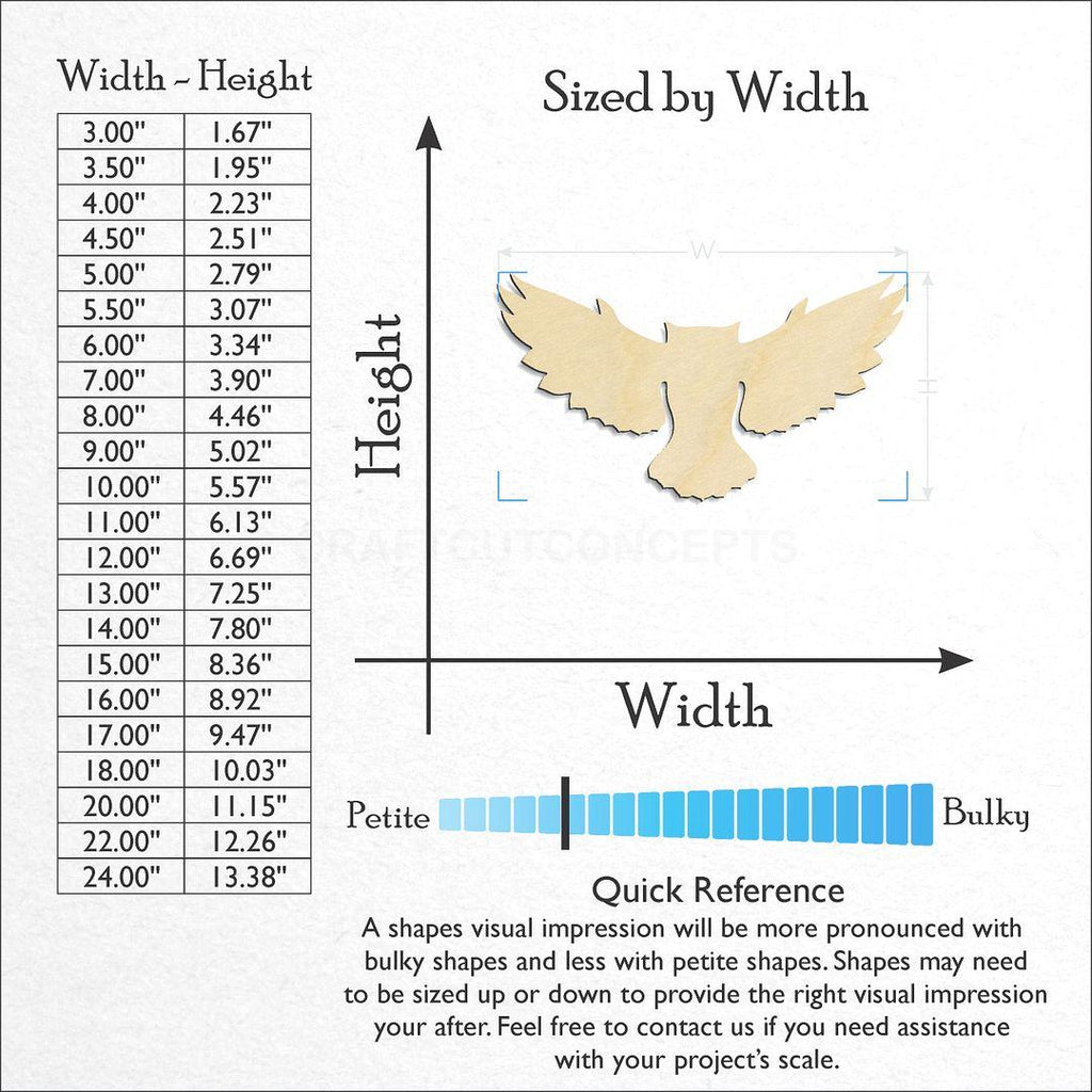 Sizes available for a laser cut Flying Owl craft blank