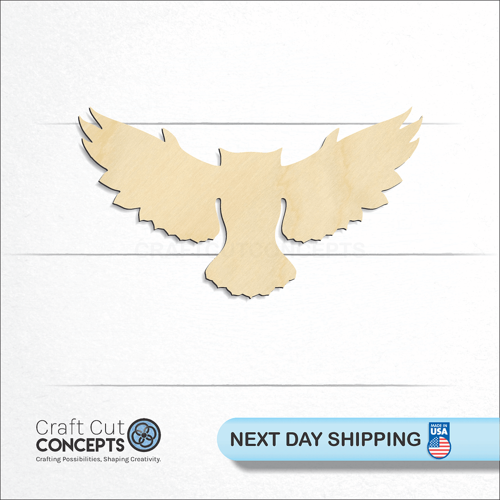 Craft Cut Concepts logo and next day shipping banner with an unfinished wood Flying Owl craft shape and blank