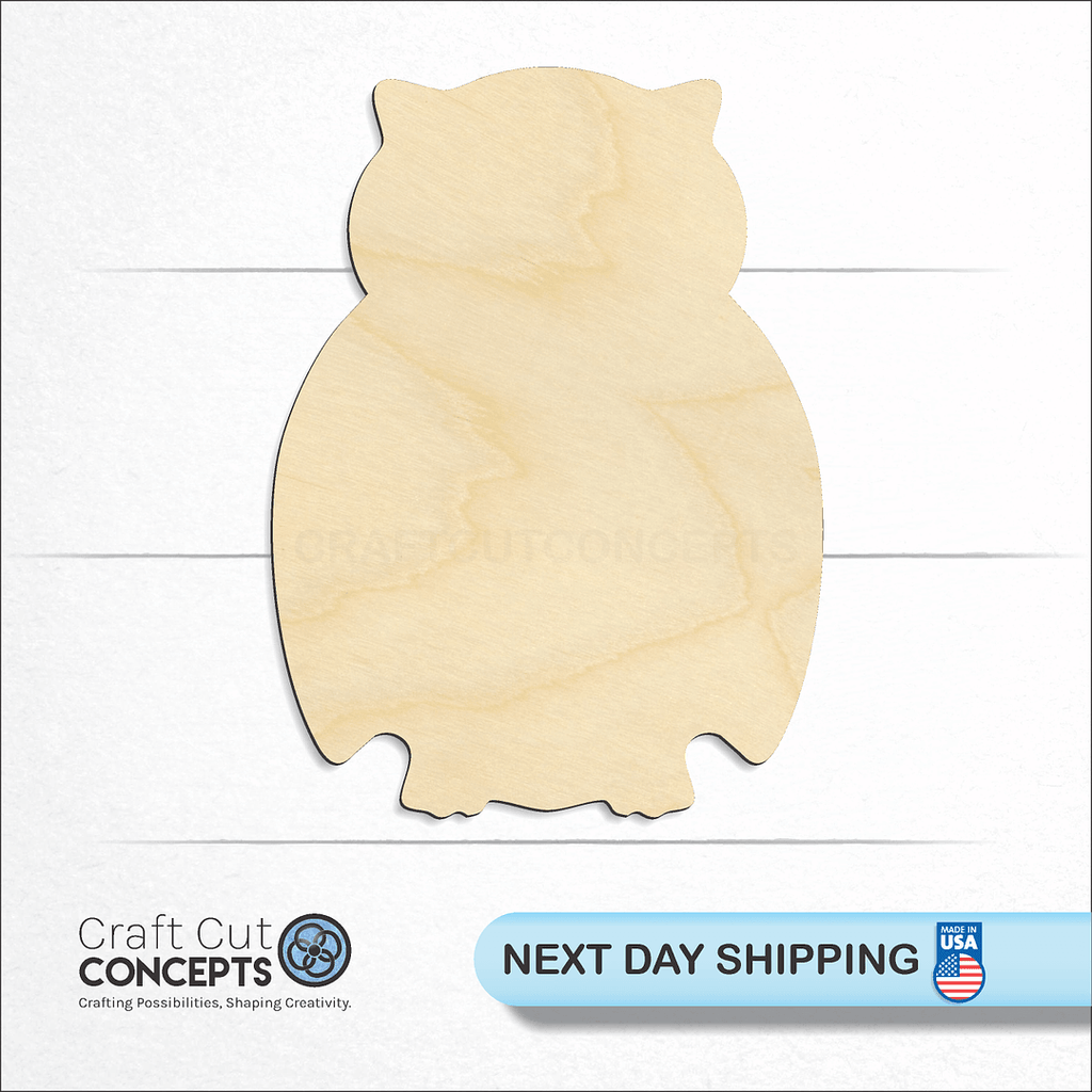 Craft Cut Concepts logo and next day shipping banner with an unfinished wood Owl craft shape and blank