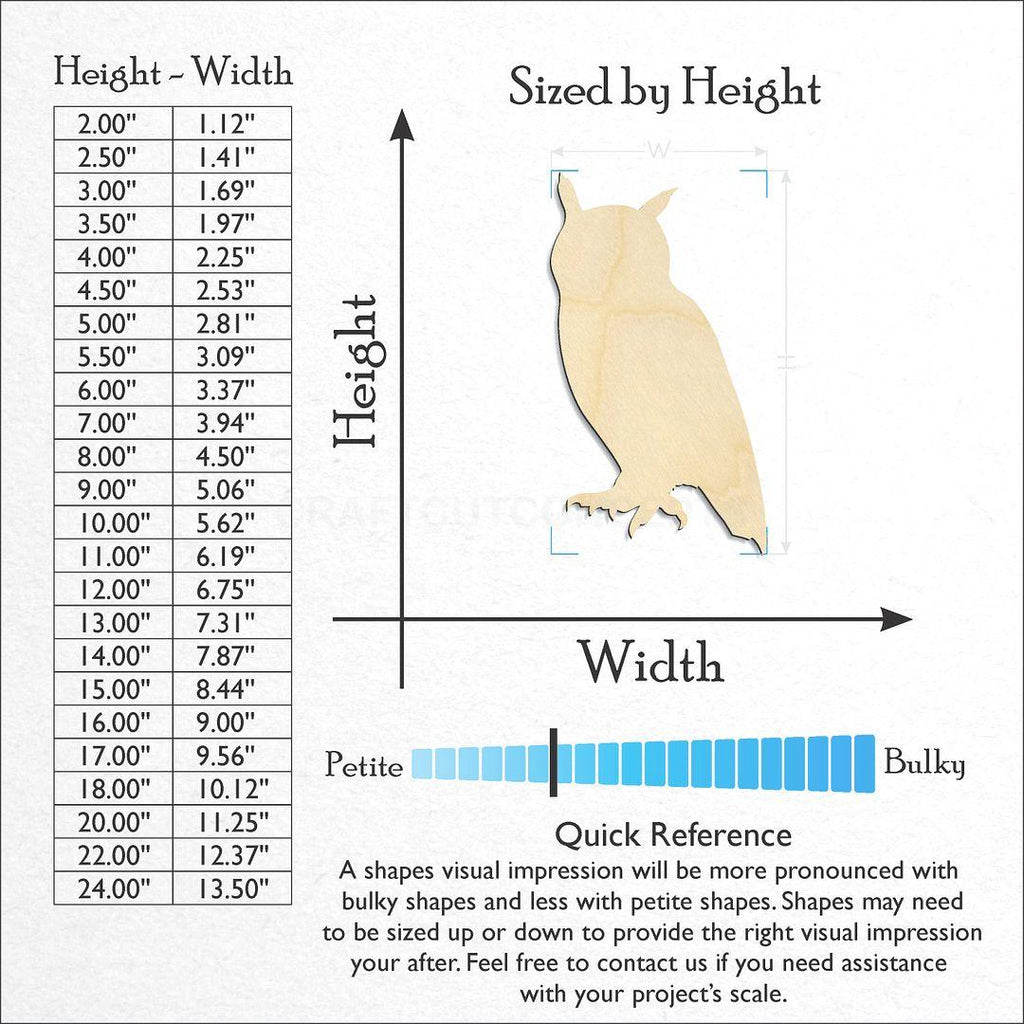 Sizes available for a laser cut Owl 1 craft blank