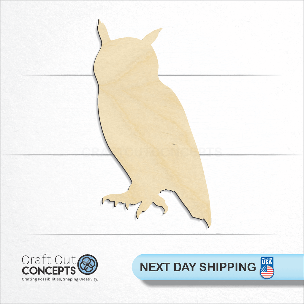 Craft Cut Concepts logo and next day shipping banner with an unfinished wood Owl 1 craft shape and blank