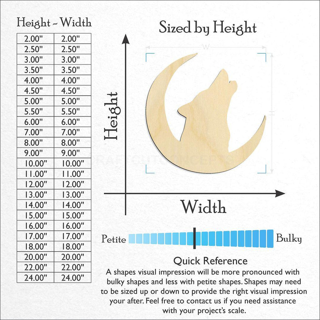 Sizes available for a laser cut Howling Wolf craft blank