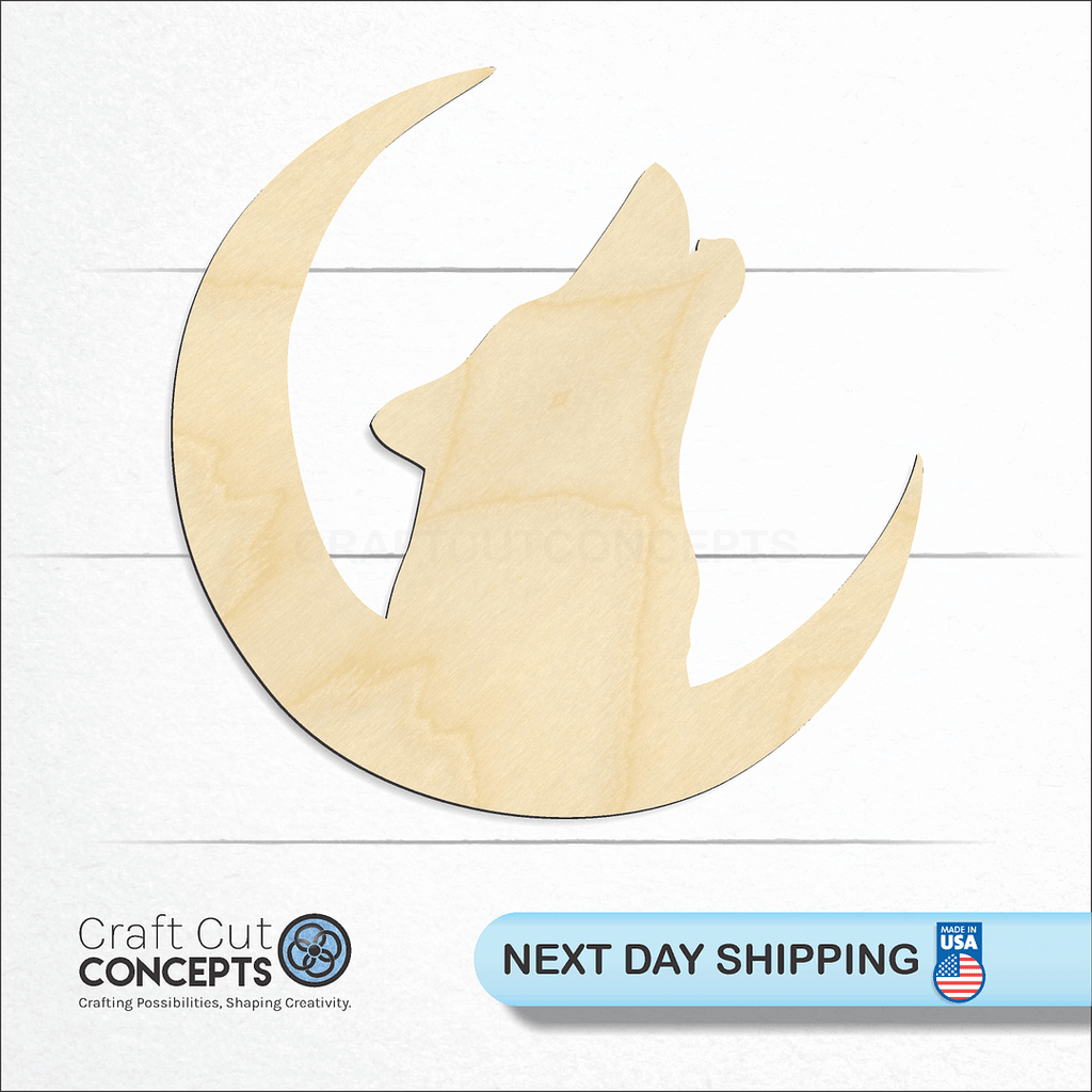 Craft Cut Concepts logo and next day shipping banner with an unfinished wood Howling Wolf craft shape and blank