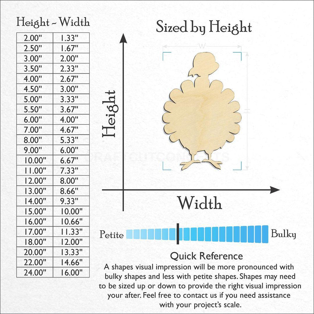 Sizes available for a laser cut Turkey craft blank