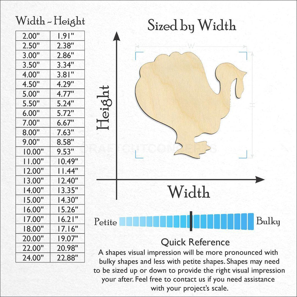 Sizes available for a laser cut Turkey craft blank