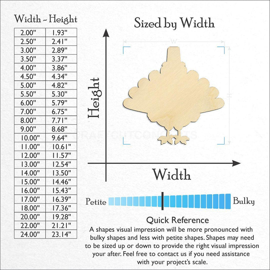 Sizes available for a laser cut Turkey craft blank