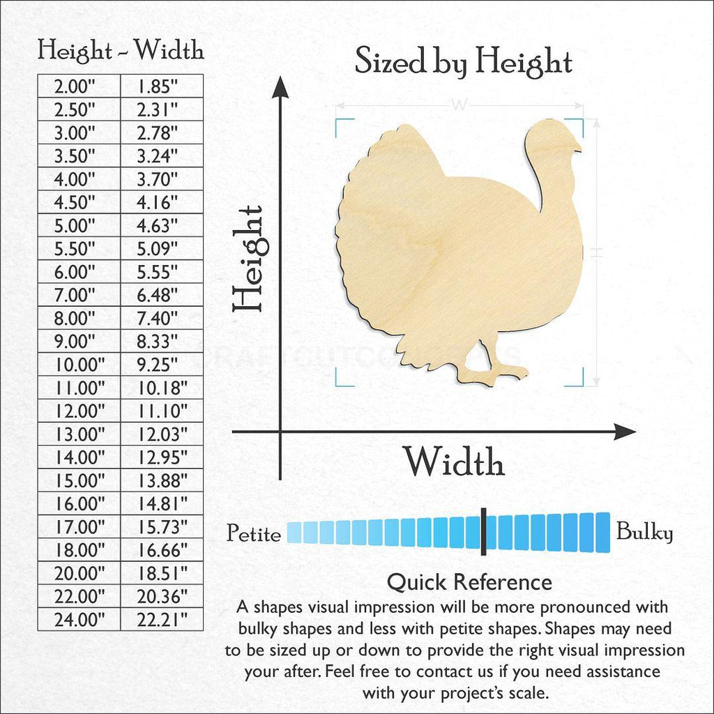 Sizes available for a laser cut Turkey craft blank