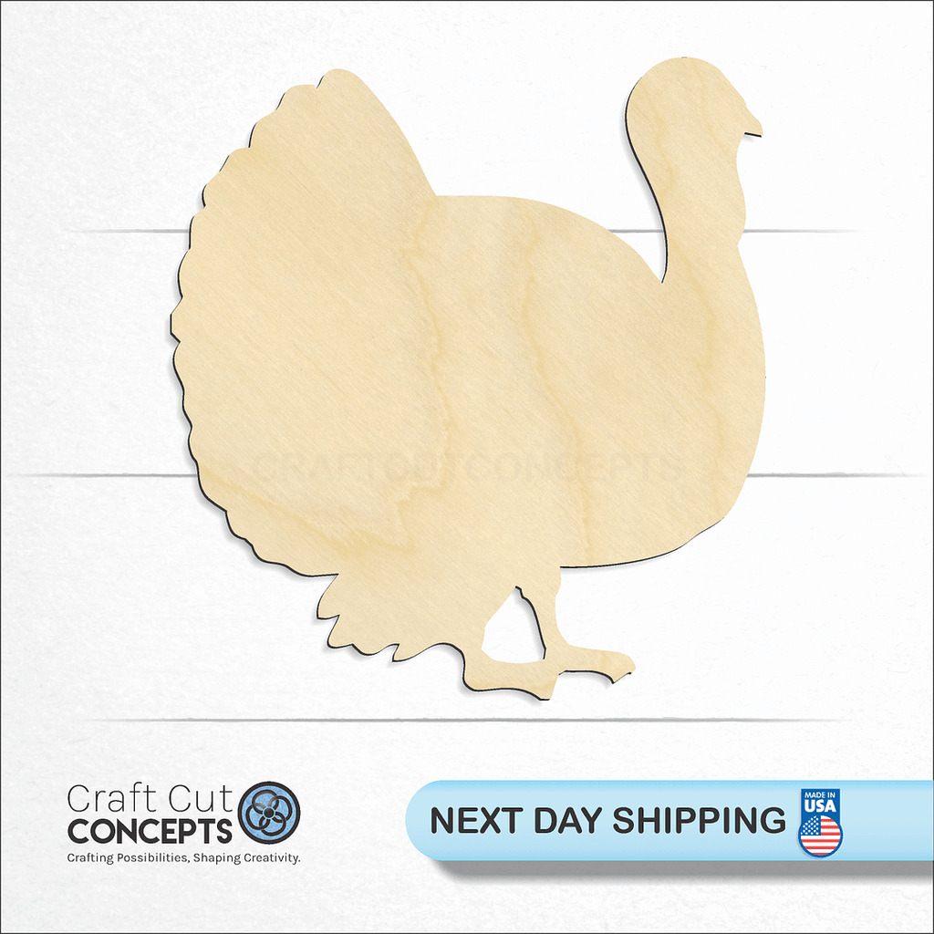 Craft Cut Concepts logo and next day shipping banner with an unfinished wood Turkey craft shape and blank