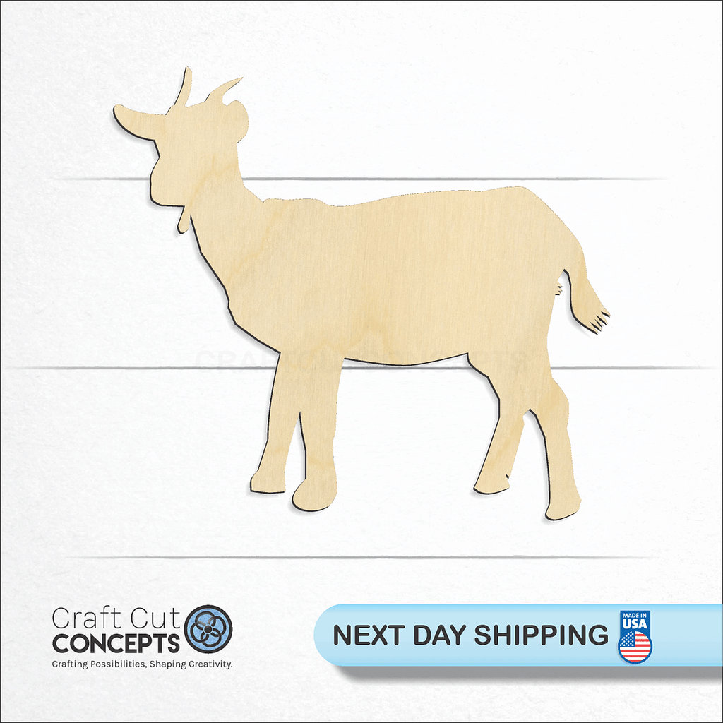 Craft Cut Concepts logo and next day shipping banner with an unfinished wood Goat -2 craft shape and blank