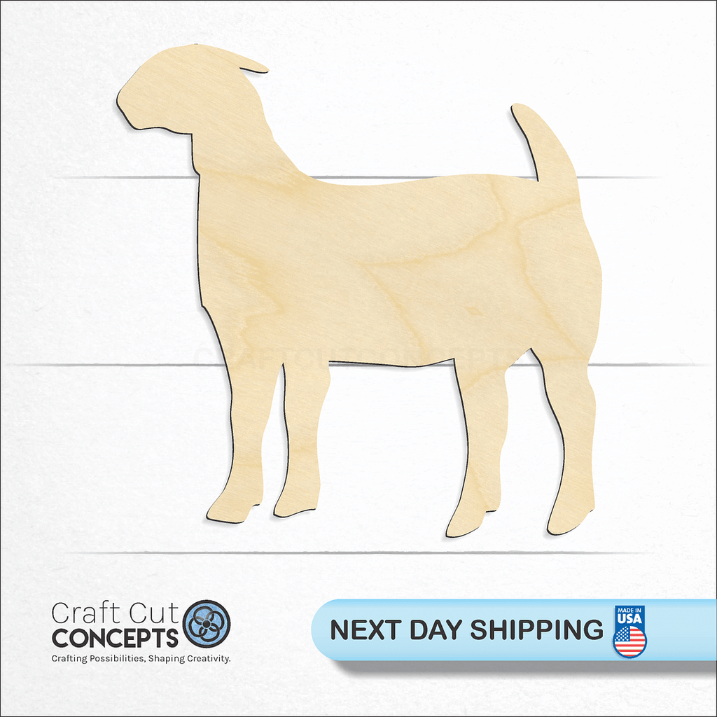 Craft Cut Concepts logo and next day shipping banner with an unfinished wood Goat -3 craft shape and blank