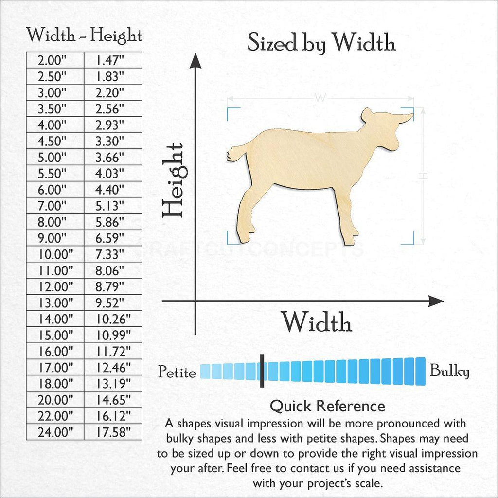 Sizes available for a laser cut Goat Nigerian Dwarf craft blank