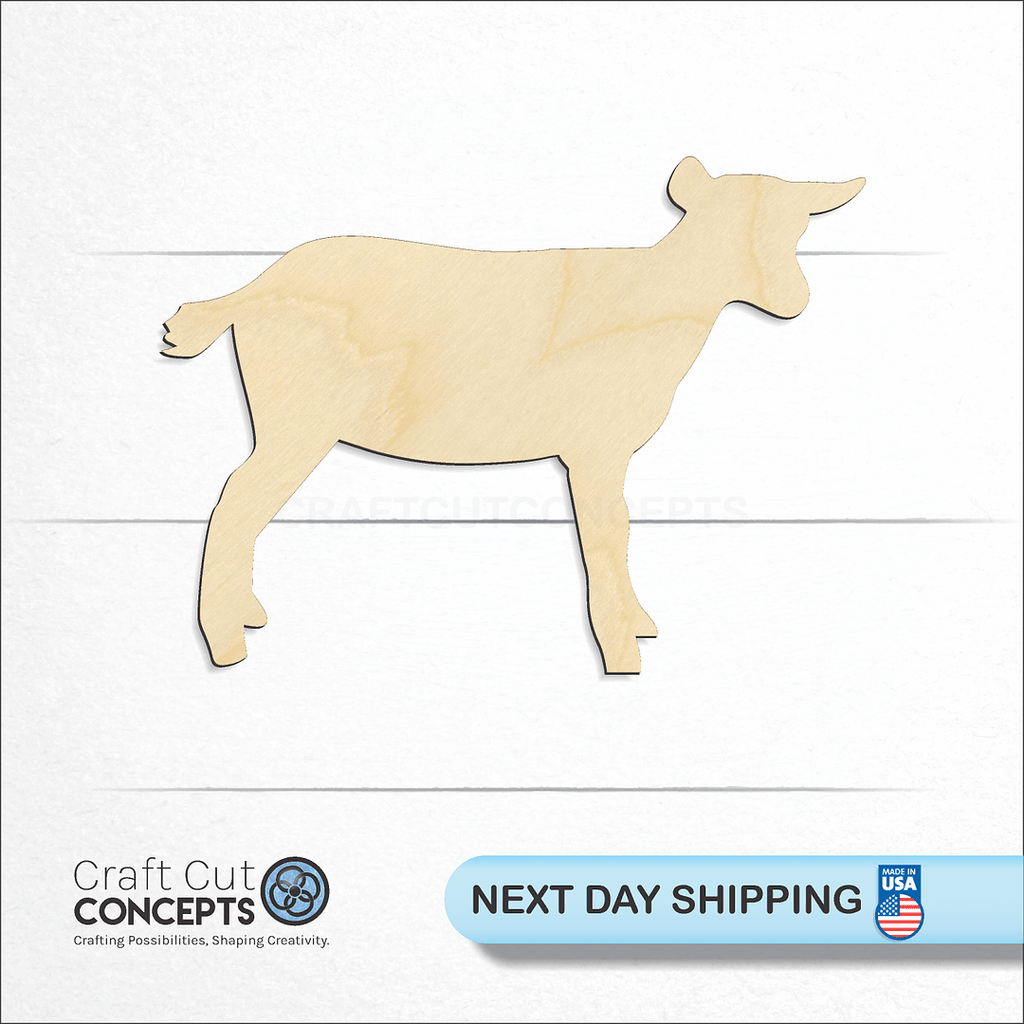 Craft Cut Concepts logo and next day shipping banner with an unfinished wood Goat Nigerian Dwarf craft shape and blank