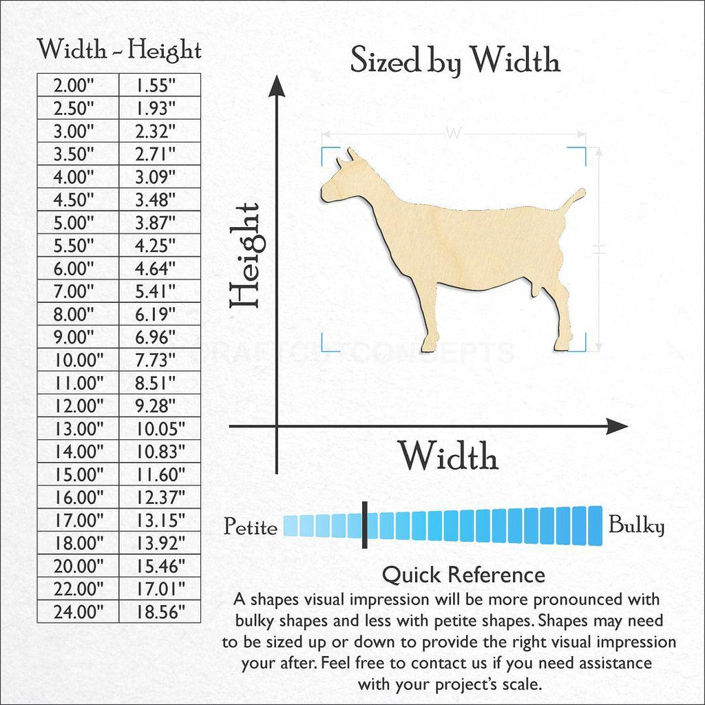 Sizes available for a laser cut Goat craft blank