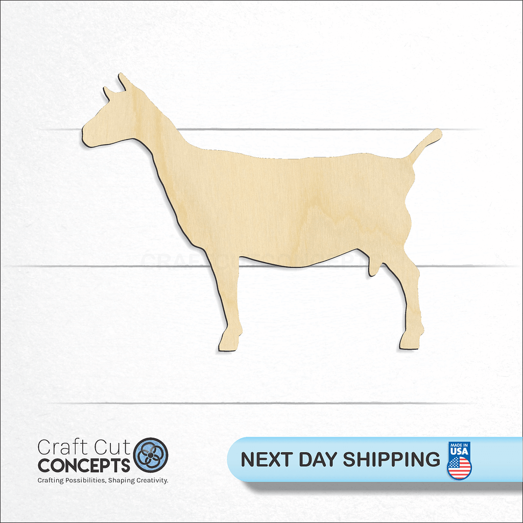 Craft Cut Concepts logo and next day shipping banner with an unfinished wood Goat craft shape and blank