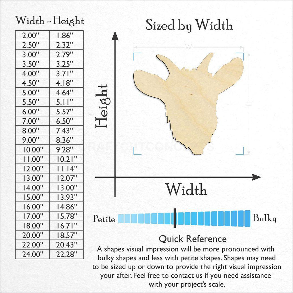 Sizes available for a laser cut Goat Head craft blank