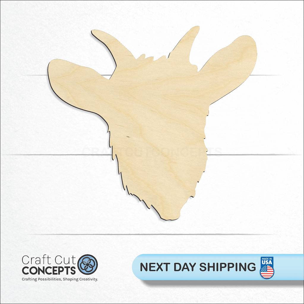 Craft Cut Concepts logo and next day shipping banner with an unfinished wood Goat Head craft shape and blank