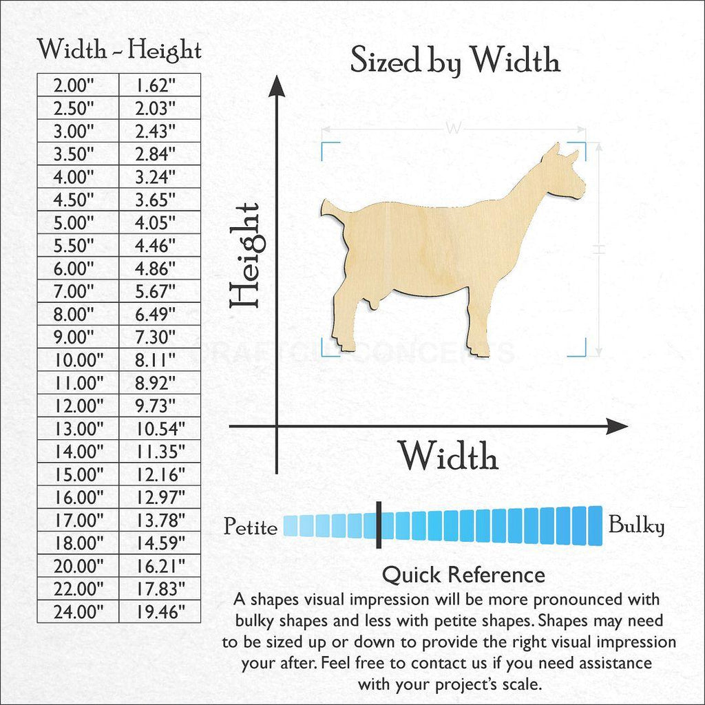 Sizes available for a laser cut Goat Alpine craft blank