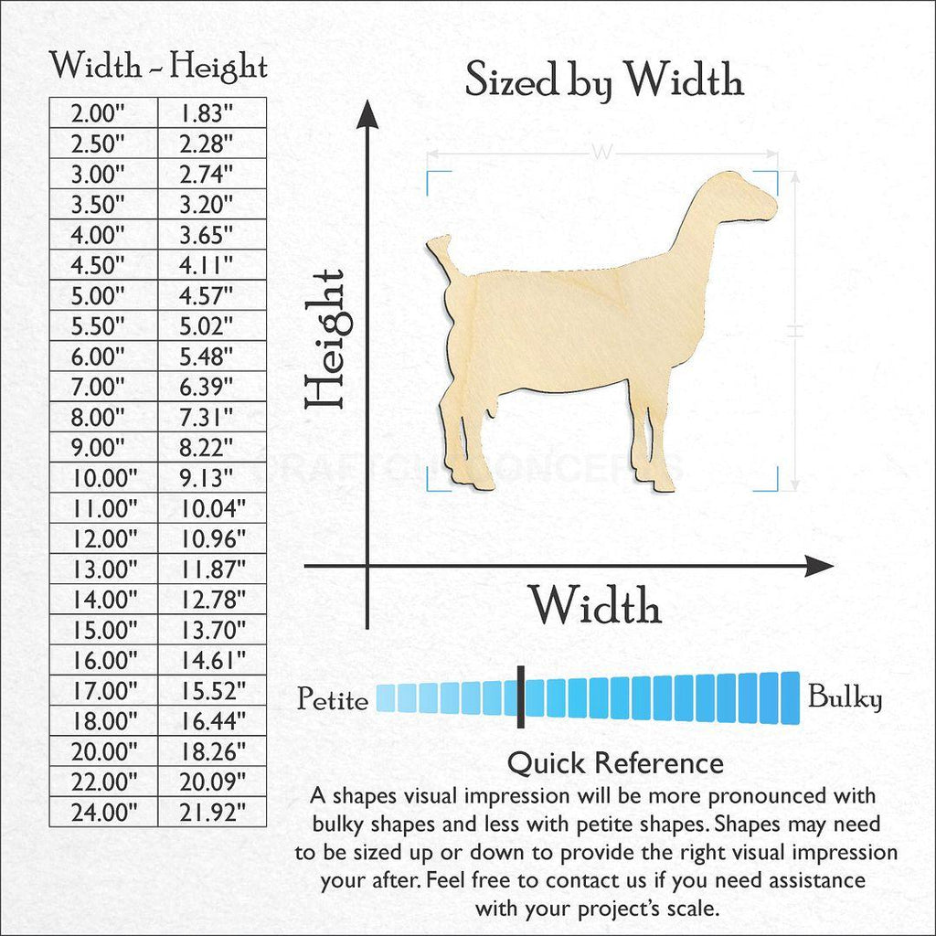 Sizes available for a laser cut Goat Lamancha craft blank