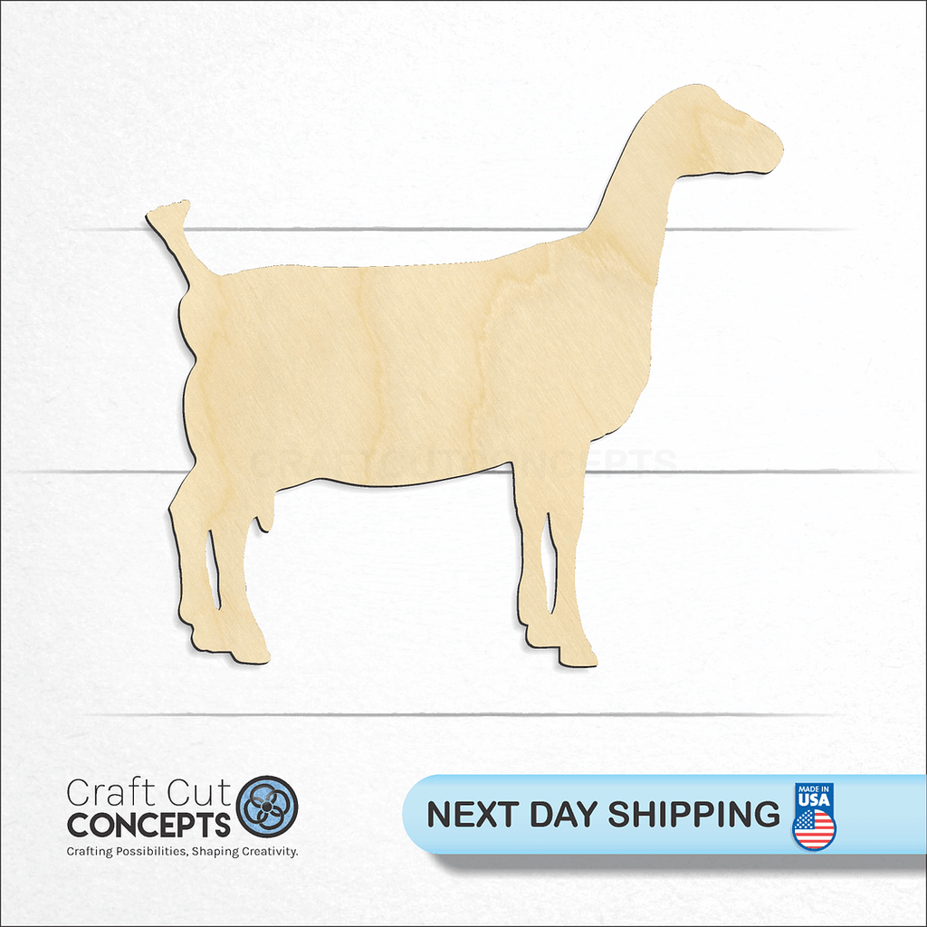 Craft Cut Concepts logo and next day shipping banner with an unfinished wood Goat Lamancha craft shape and blank