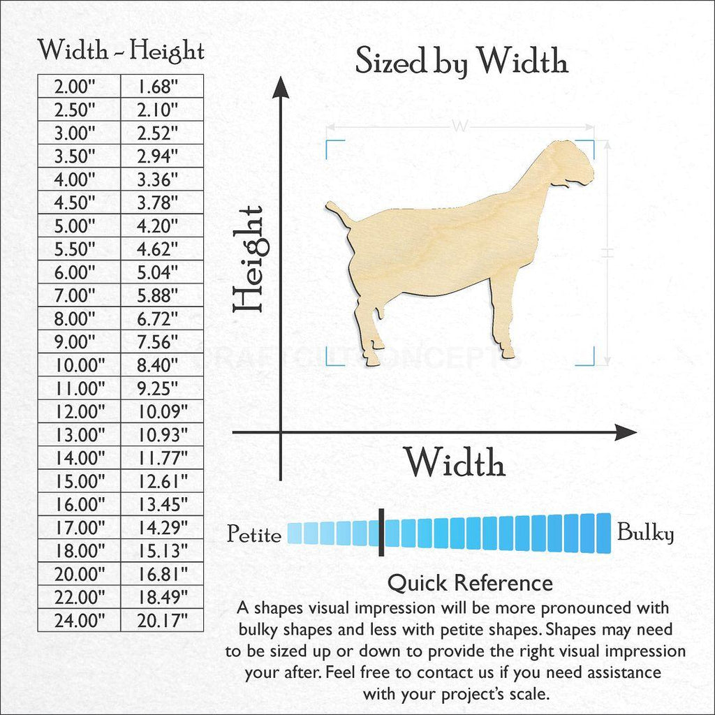 Sizes available for a laser cut Nubian Dairy goat craft blank