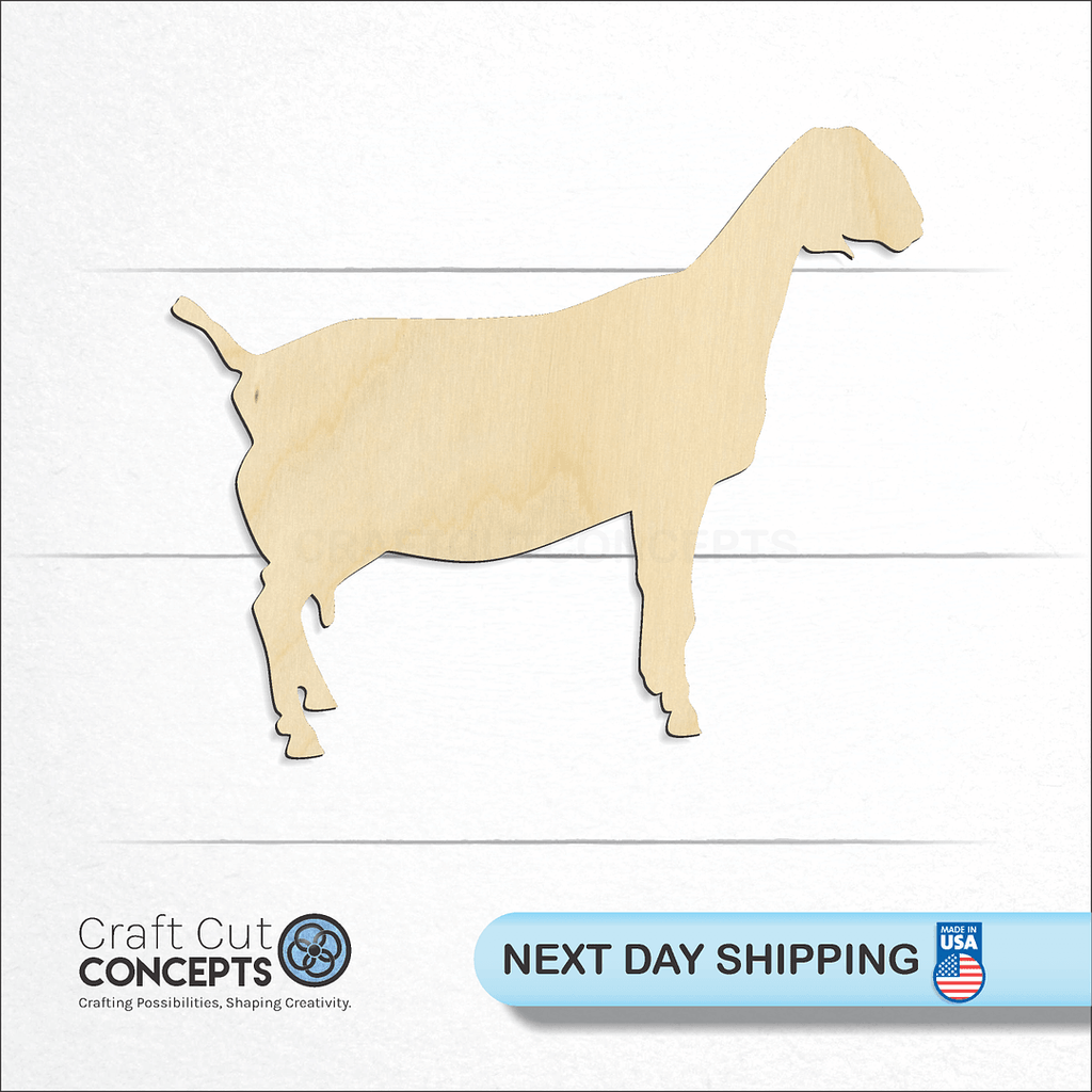 Craft Cut Concepts logo and next day shipping banner with an unfinished wood Nubian Dairy goat craft shape and blank