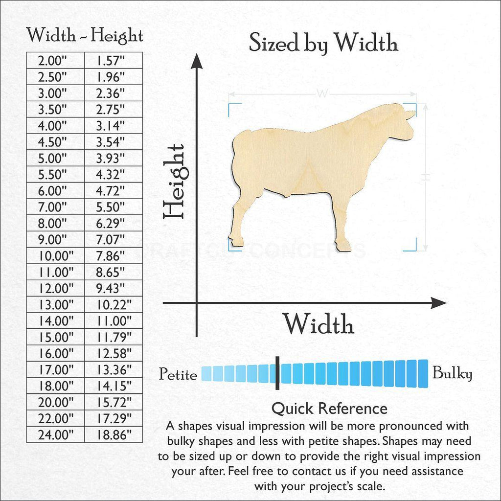 Sizes available for a laser cut Myotonic goat craft blank