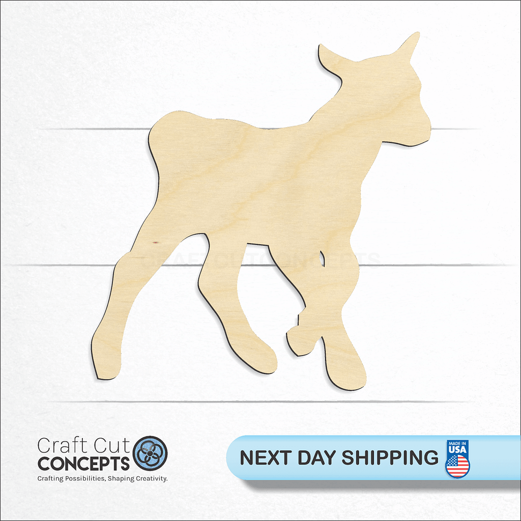 Craft Cut Concepts logo and next day shipping banner with an unfinished wood Baby goat craft shape and blank