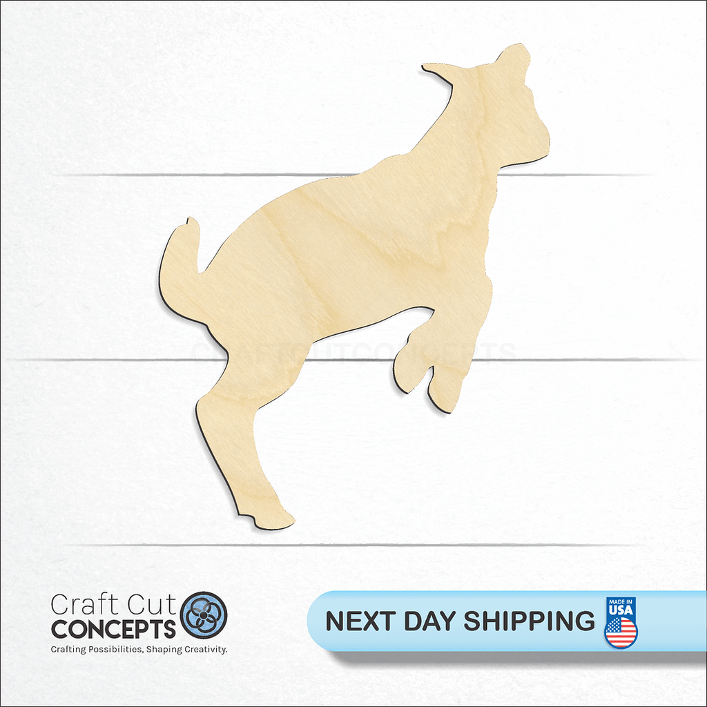 Craft Cut Concepts logo and next day shipping banner with an unfinished wood Baby goat craft shape and blank