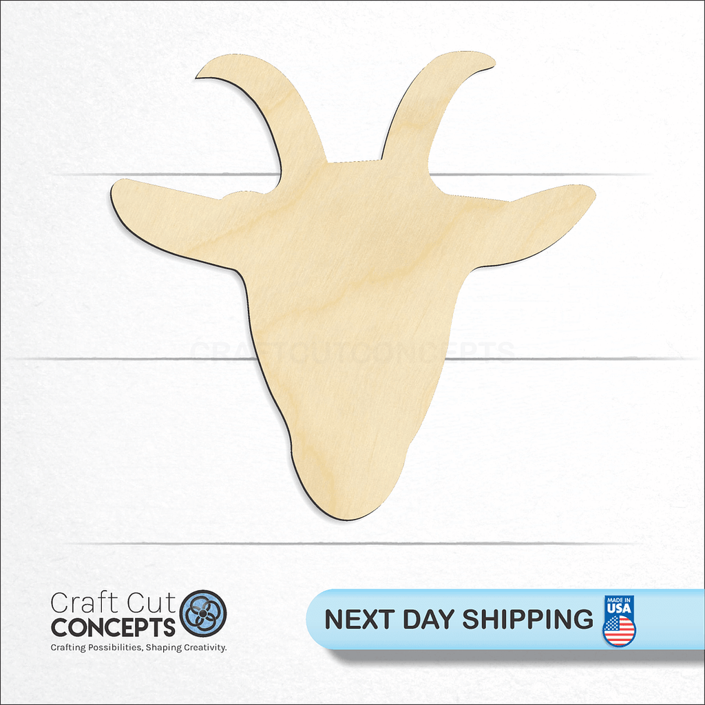 Craft Cut Concepts logo and next day shipping banner with an unfinished wood Goat Head craft shape and blank