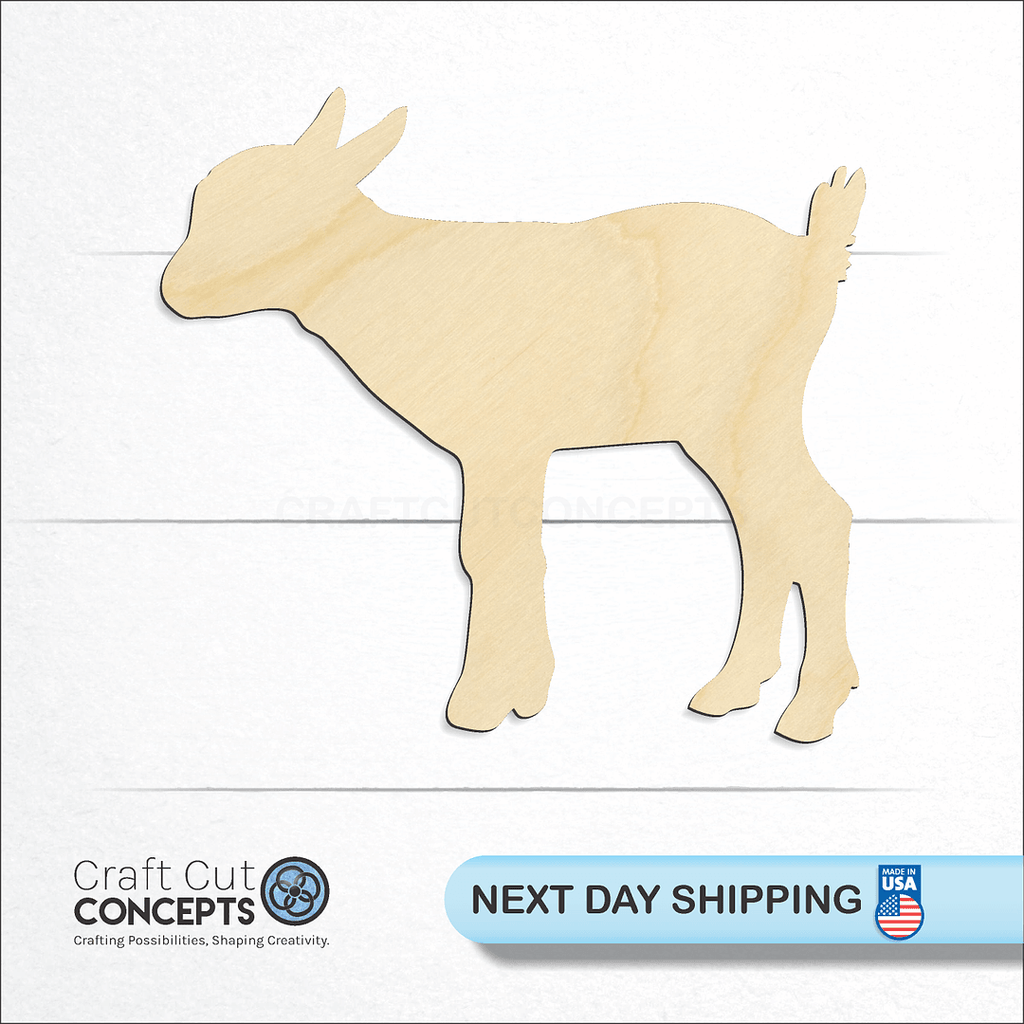 Craft Cut Concepts logo and next day shipping banner with an unfinished wood Baby Goat Kid craft shape and blank