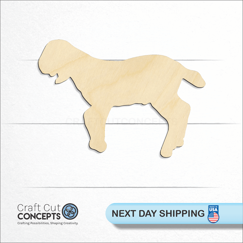 Craft Cut Concepts logo and next day shipping banner with an unfinished wood Baby Goat Kid craft shape and blank