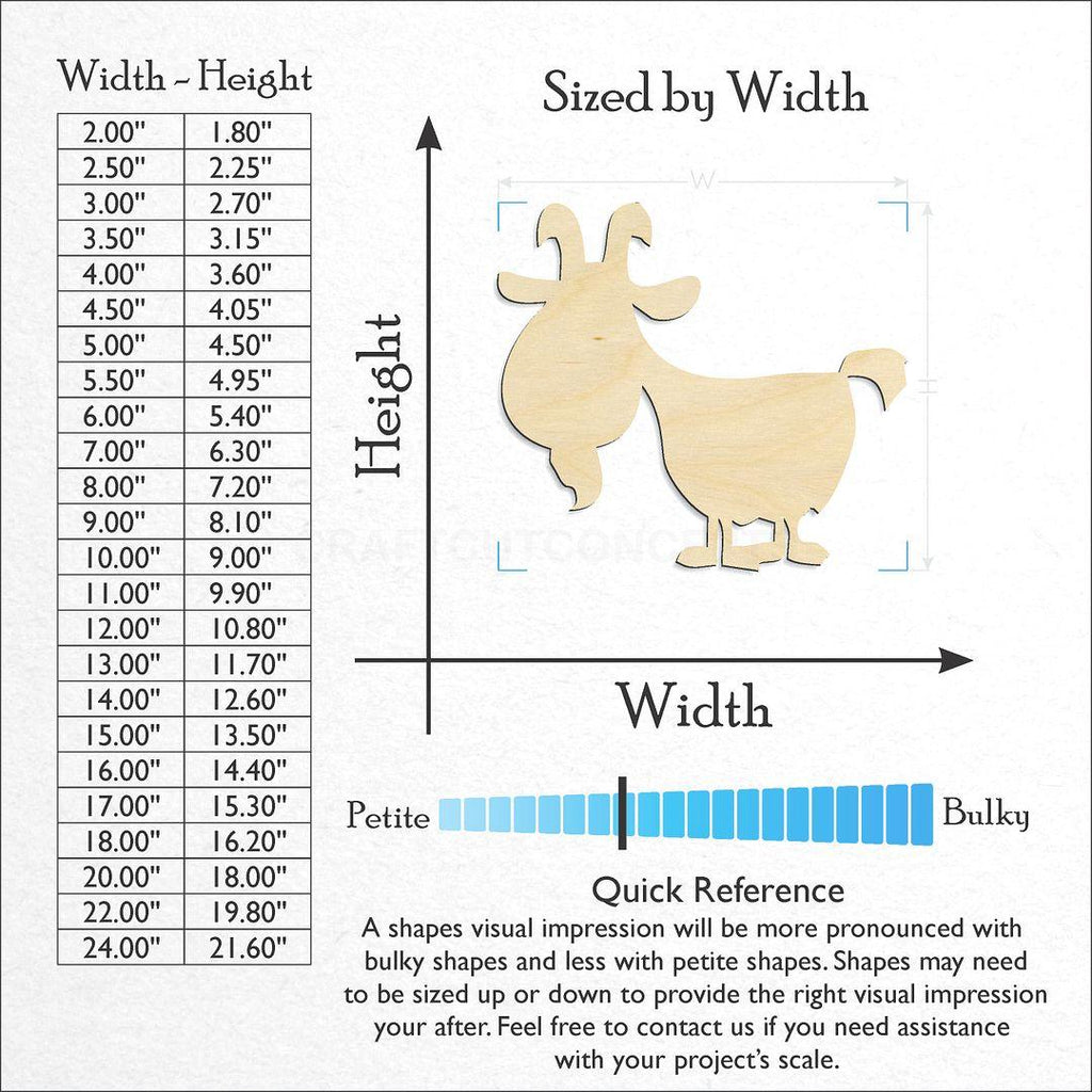 Sizes available for a laser cut Goat craft blank