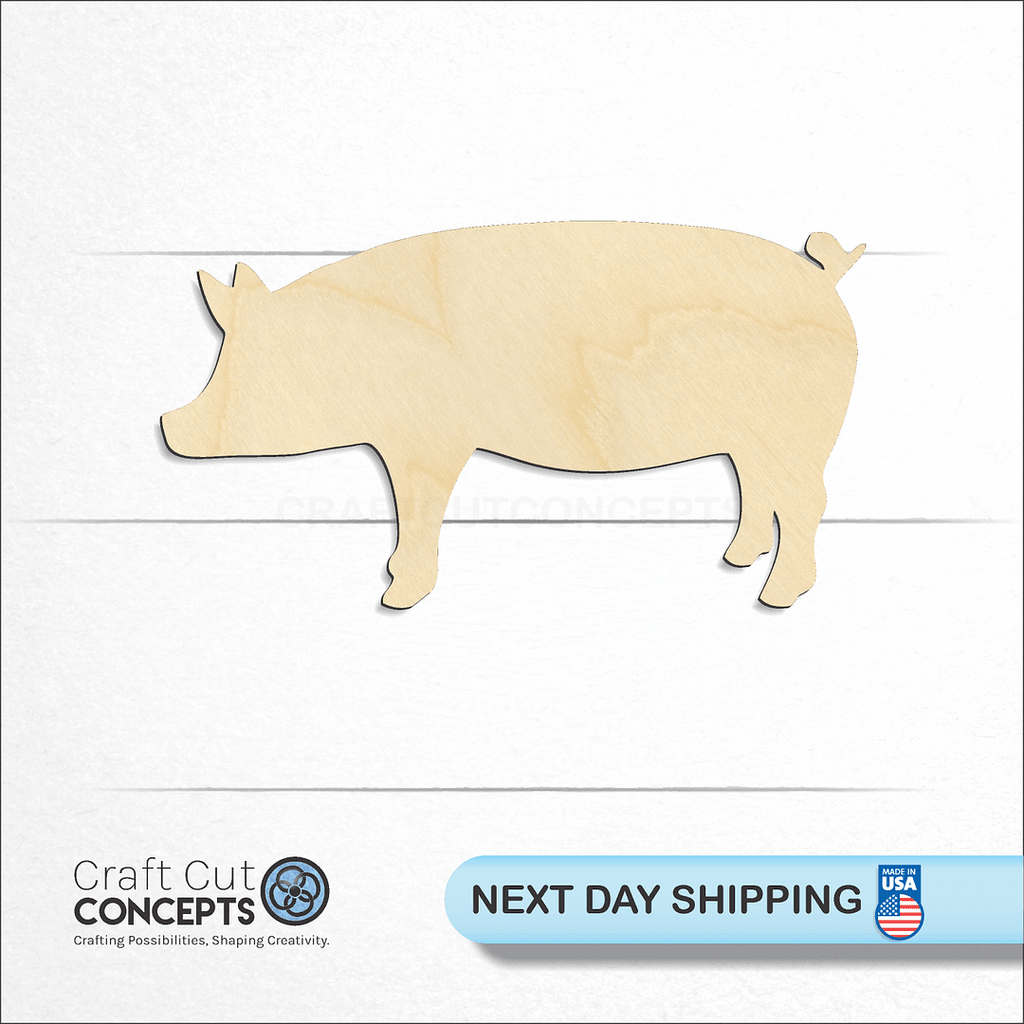 Craft Cut Concepts logo and next day shipping banner with an unfinished wood Pig craft shape and blank