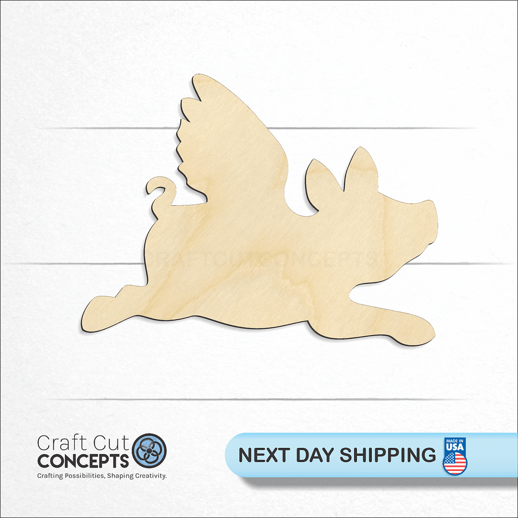 Craft Cut Concepts logo and next day shipping banner with an unfinished wood Flying Pig craft shape and blank