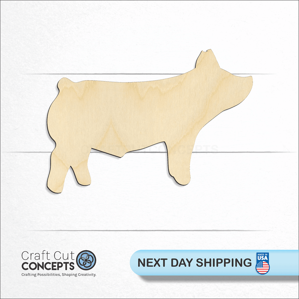 Craft Cut Concepts logo and next day shipping banner with an unfinished wood Pig craft shape and blank