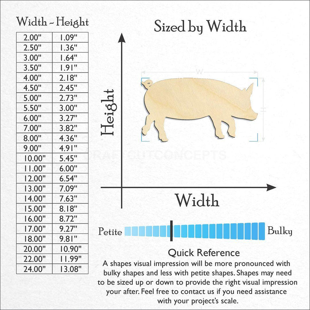 Sizes available for a laser cut Pig craft blank