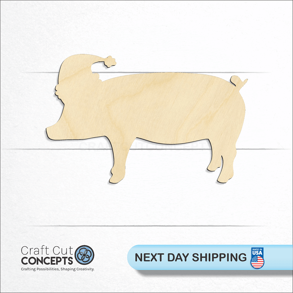 Craft Cut Concepts logo and next day shipping banner with an unfinished wood Santa Pig craft shape and blank