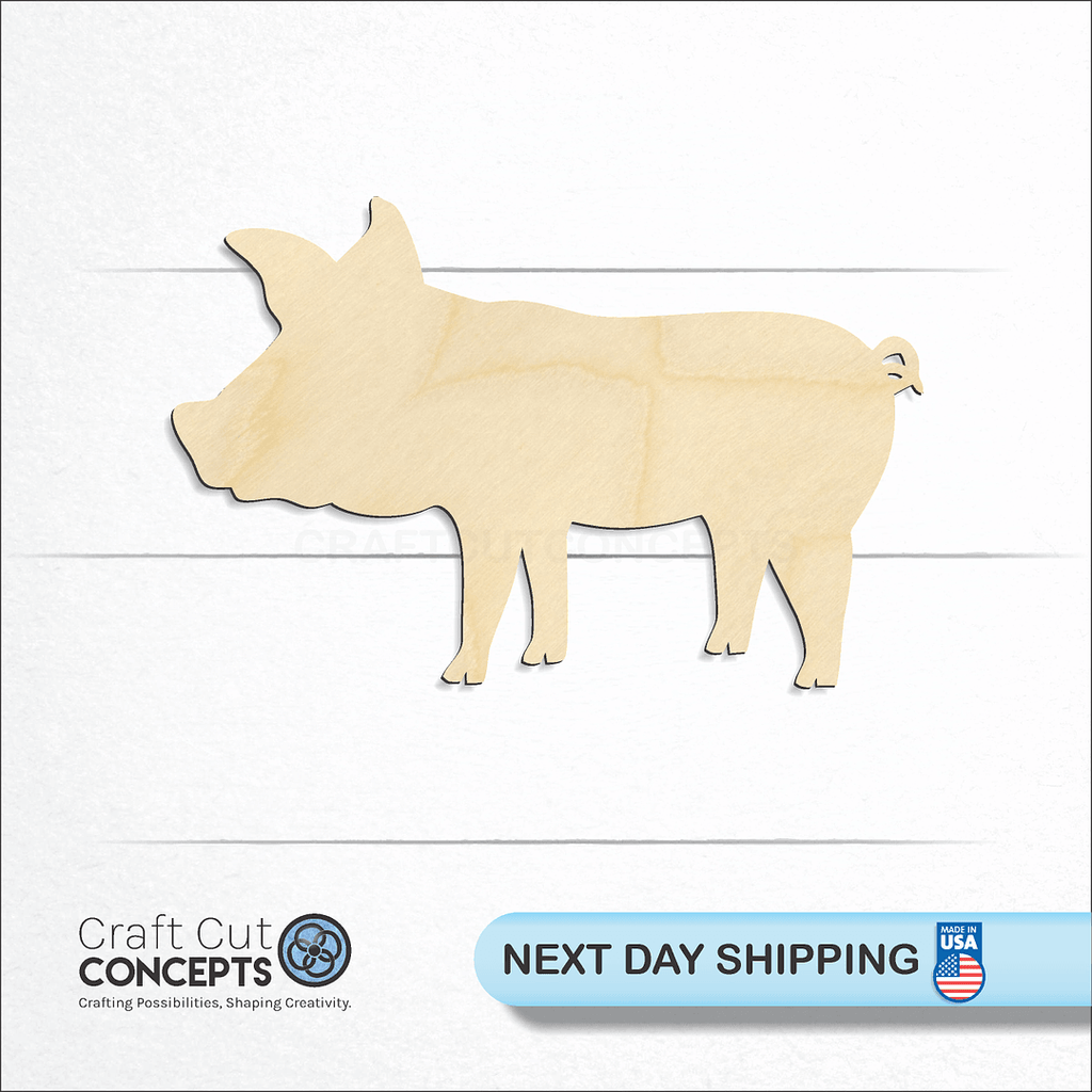 Craft Cut Concepts logo and next day shipping banner with an unfinished wood Pig craft shape and blank