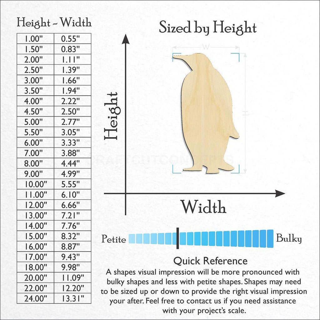 Sizes available for a laser cut Emporer Penguin craft blank