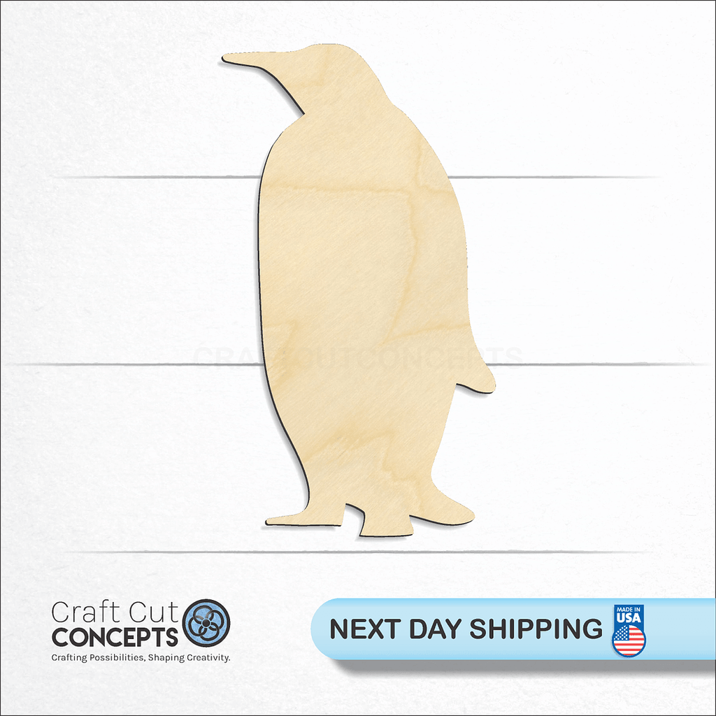 Craft Cut Concepts logo and next day shipping banner with an unfinished wood Emporer Penguin craft shape and blank