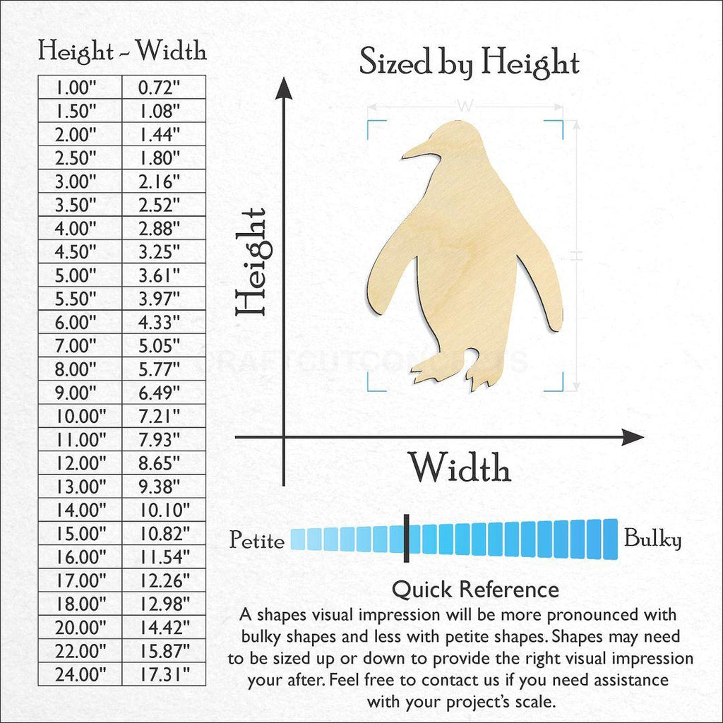 Sizes available for a laser cut Penguin craft blank