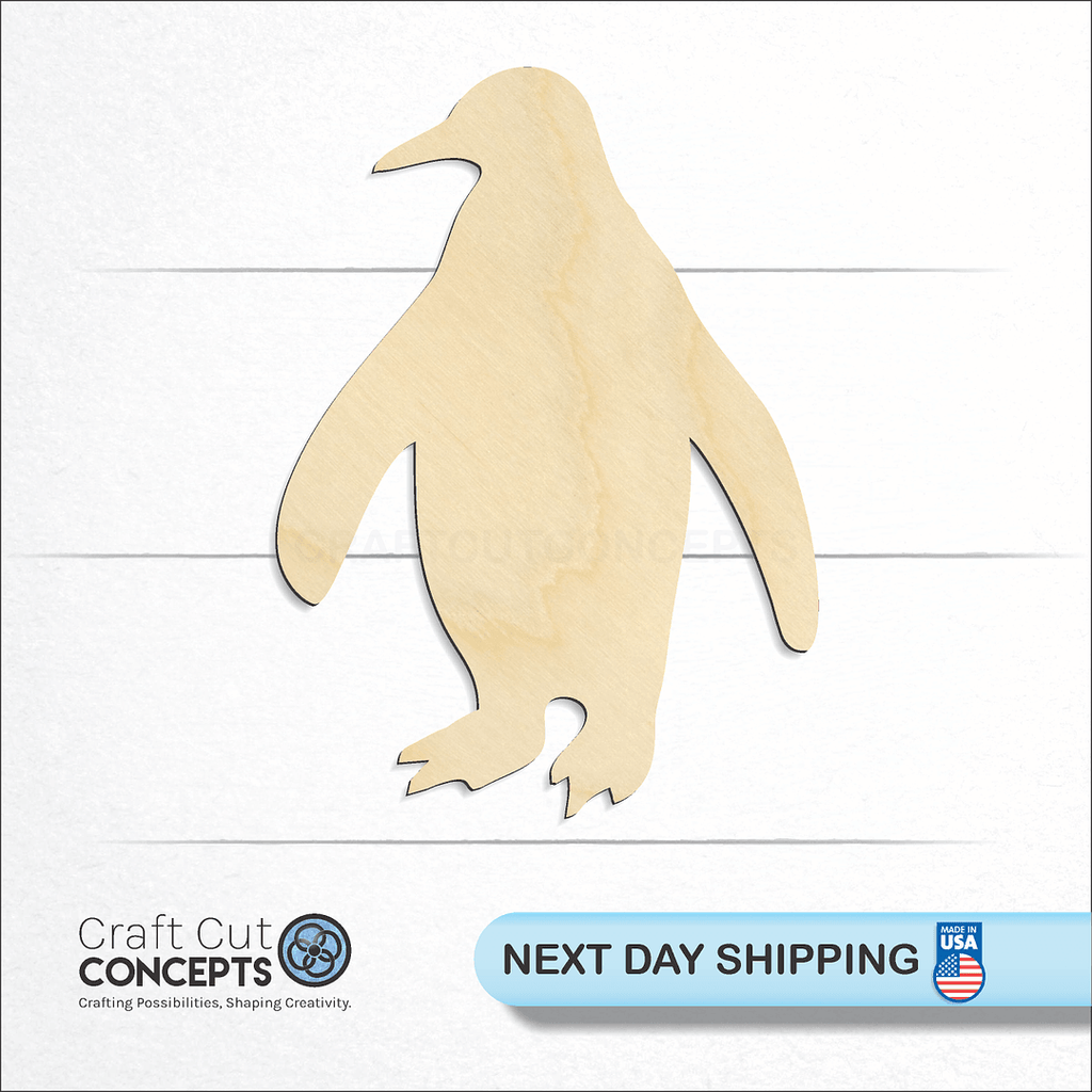 Craft Cut Concepts logo and next day shipping banner with an unfinished wood Penguin craft shape and blank