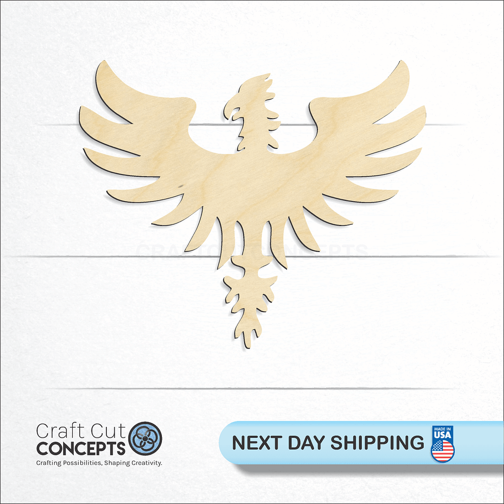 Craft Cut Concepts logo and next day shipping banner with an unfinished wood Pheonix craft shape and blank