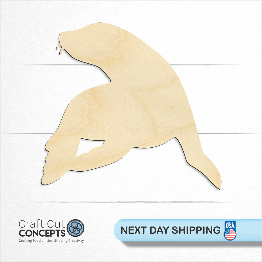 Craft Cut Concepts logo and next day shipping banner with an unfinished wood  Seal -3 craft shape and blank