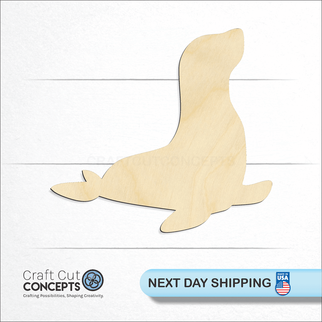 Craft Cut Concepts logo and next day shipping banner with an unfinished wood Seal -4 craft shape and blank