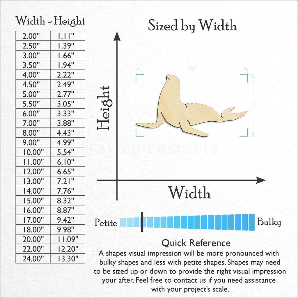 Sizes available for a laser cut Seal -5 craft blank