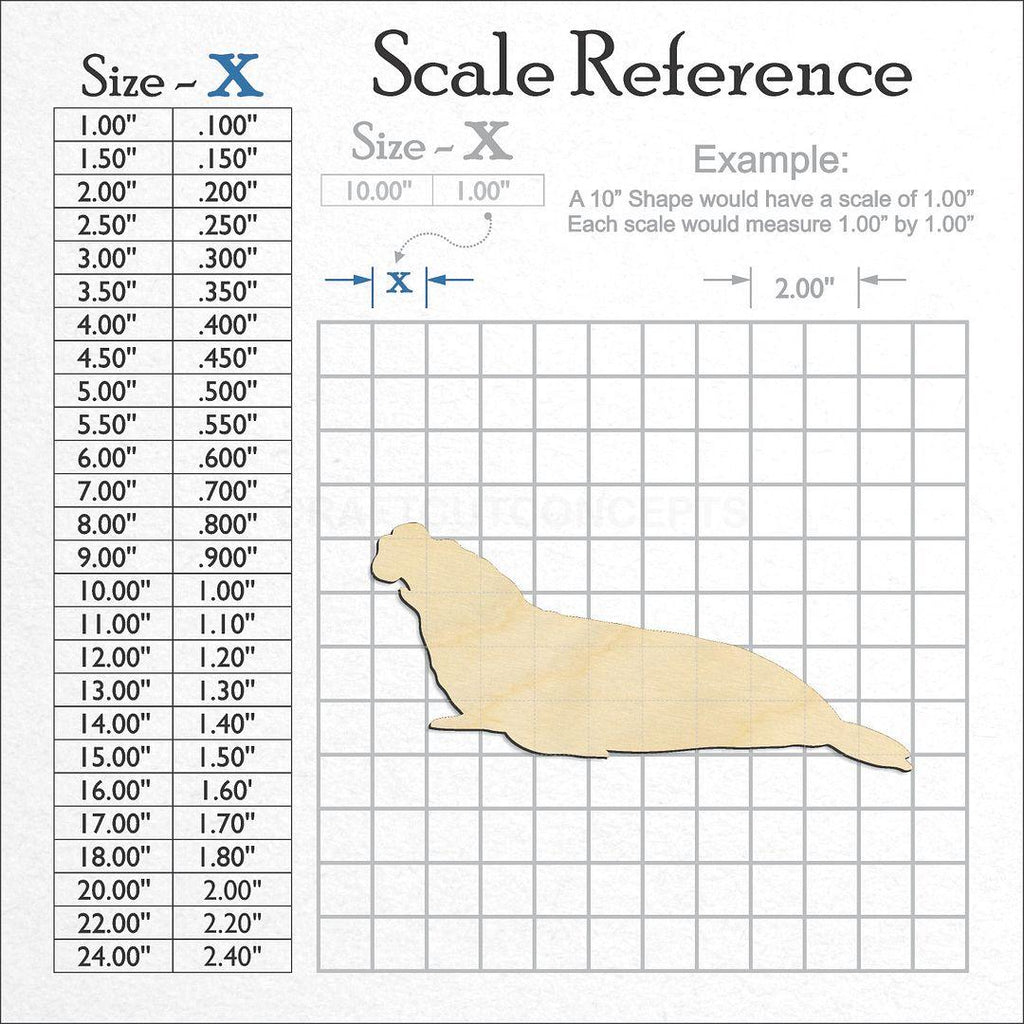 A scale and graph image showing a wood Elephant Seal craft blank