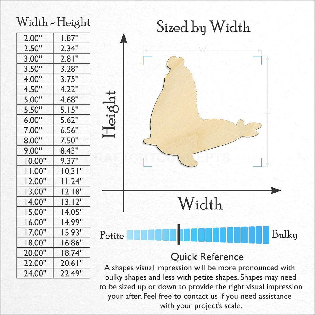 Sizes available for a laser cut Elephant Seal craft blank