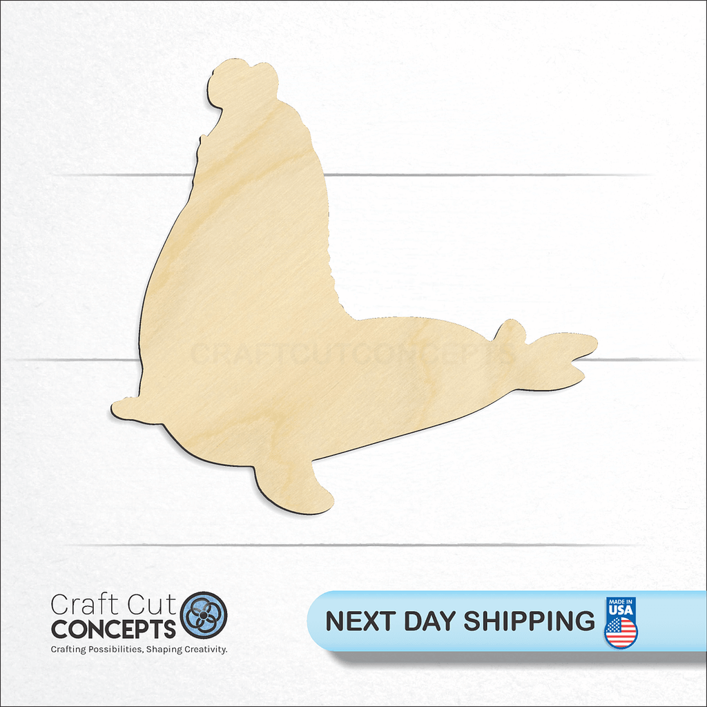 Craft Cut Concepts logo and next day shipping banner with an unfinished wood Elephant Seal craft shape and blank