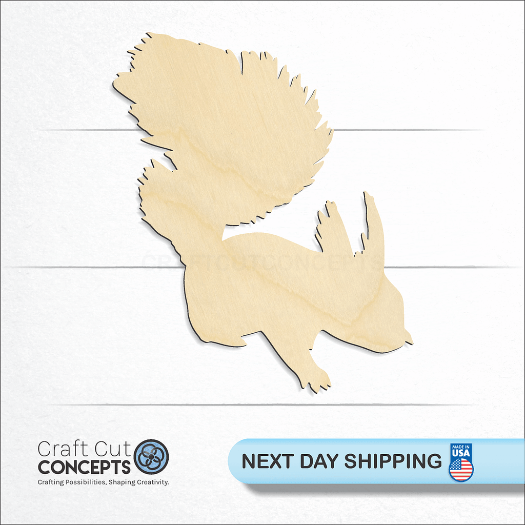 Craft Cut Concepts logo and next day shipping banner with an unfinished wood Squirrel-2 craft shape and blank